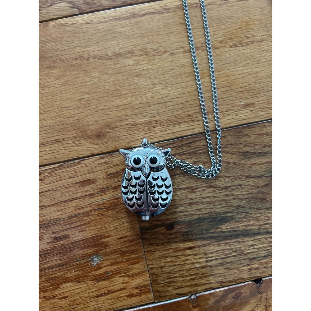 Prime Time Silver Owl Pendant Watch Necklace PT2797SL Whimsical Long Chain